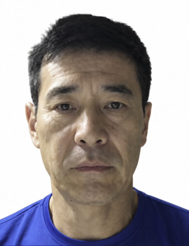 After: AI-enhanced passport photo with glasses removed and white background